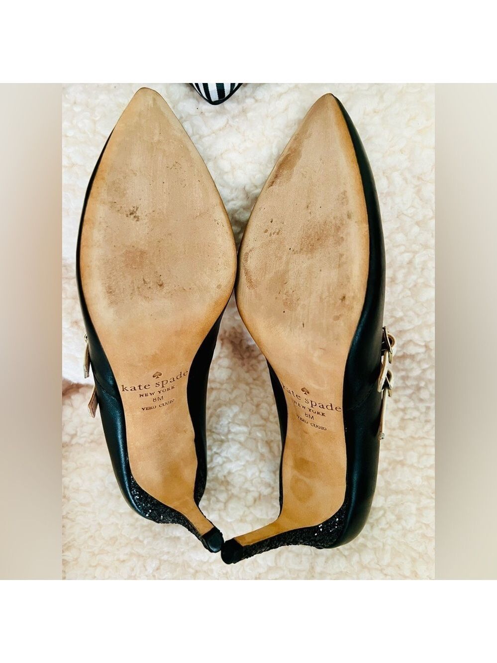 🎉HP🥳 Kate Spade Elpetha Heels in Black w/ Black Sparkle Heel & Cream Dbl Strap - Picture 8 of 16